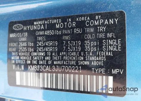 2018 Hyundai Tucson Sport z USA, uszkodzony, nr VIN KM8J3CAL3JU700221